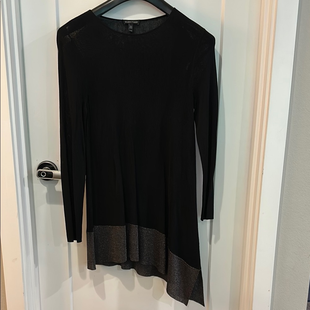 Eileen Fisher Chic Black Asymmetrical Tunic with Silver Hem